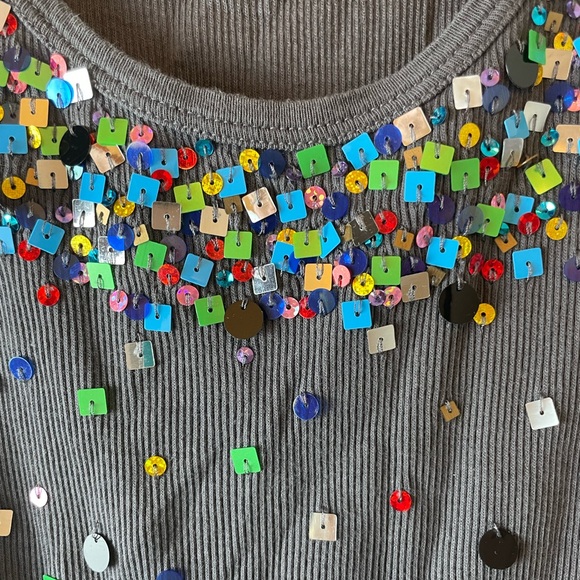 Grey Old Navy Ribbed Tank Top With Half Bib of Multicolour Sequins, Size S - Picture 3 of 5